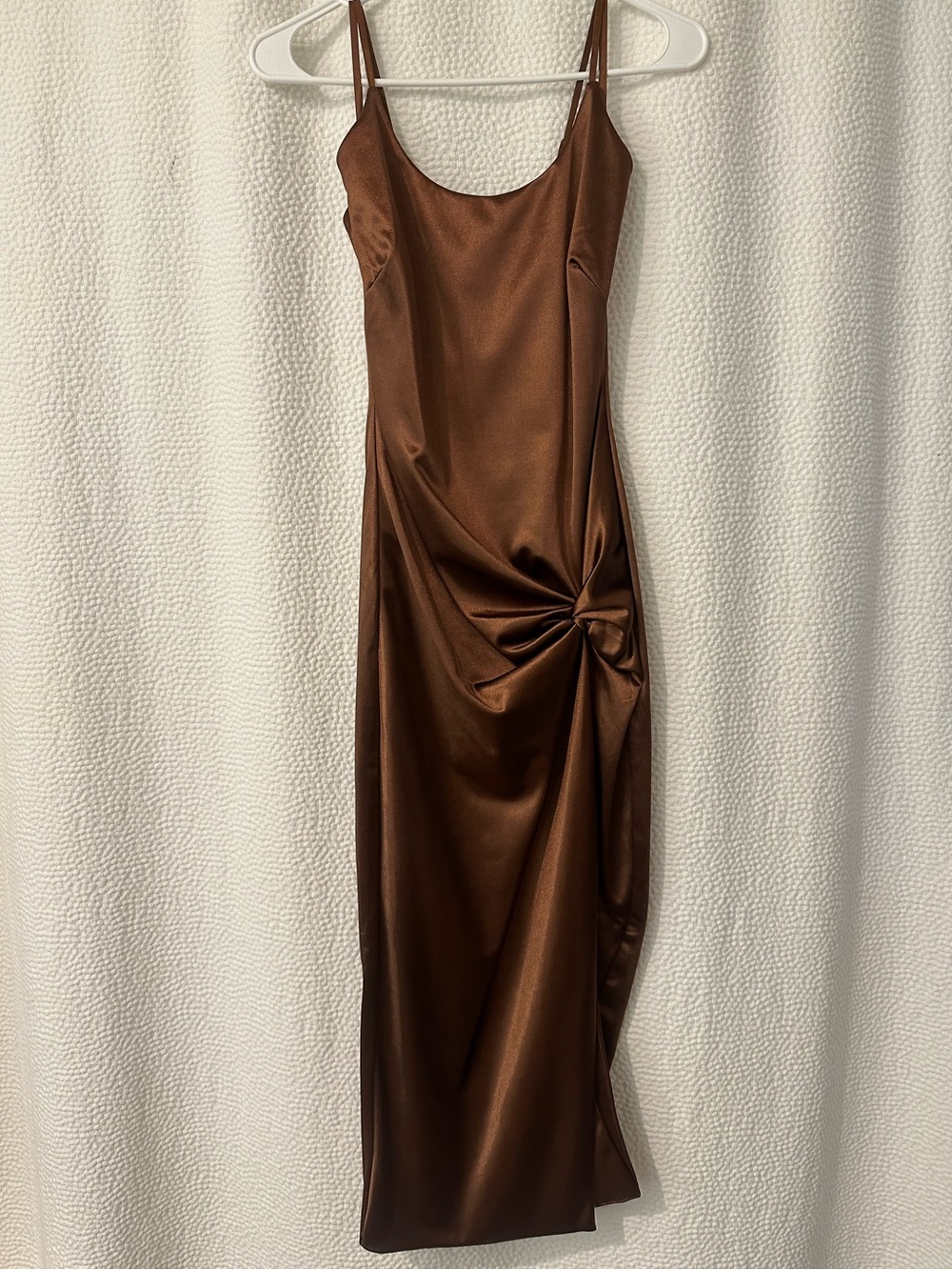 JLUXLABEL Chocolate Brown Satin Midi Dress with Side Knot